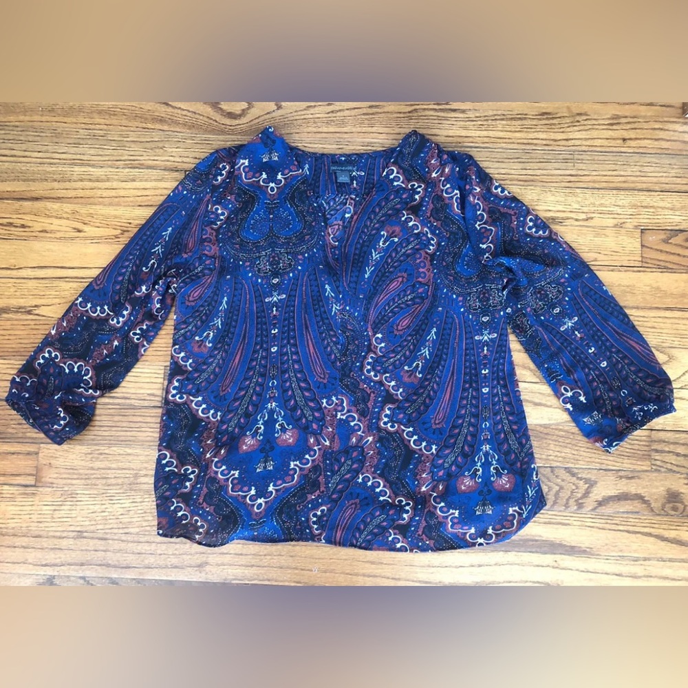 Paraphrase Navy Blue Rust Cream Paisley Print Blouse Top Built In Cami Women’s S